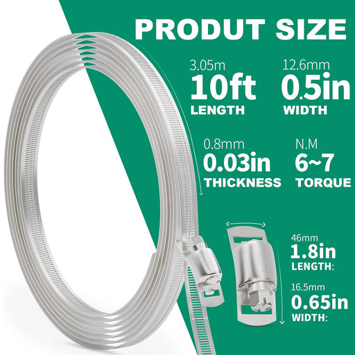 Stainless steel hose clamp roll, 10-ft by 1/2-in band with torque spec and thickness chart for custom DIY cutting and fastening.