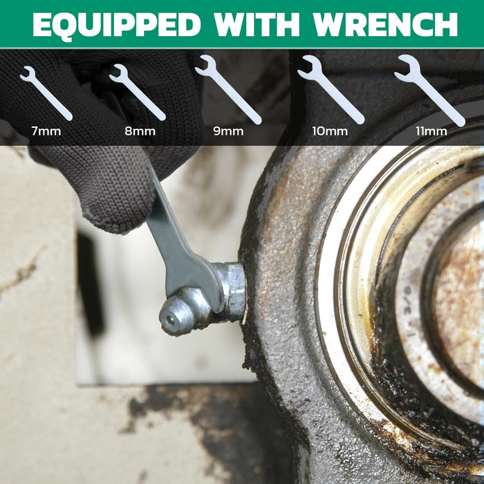Close-up photo tightening a zerk; equipped wrenches 7–11mm shown, compatible with a grease gun for zerk fittings.