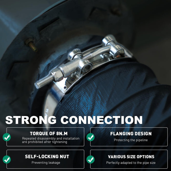 fuel line hose clamp with T-bolt locknut, adjustable sizes; 304 stainless band applies pressure for leak-free sealing