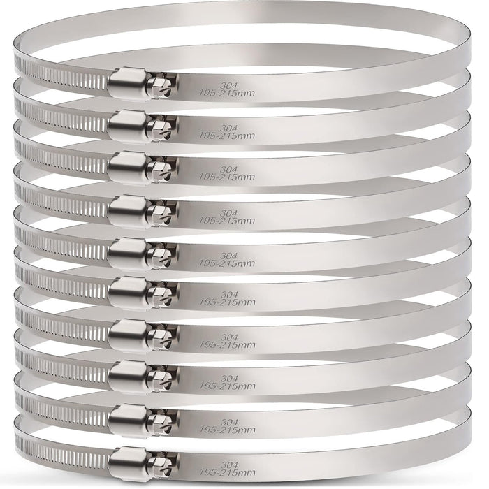 Hose worm clamp, 304 stainless, 195–215mm adjustable band, heavy-duty for large ducts and pipes.