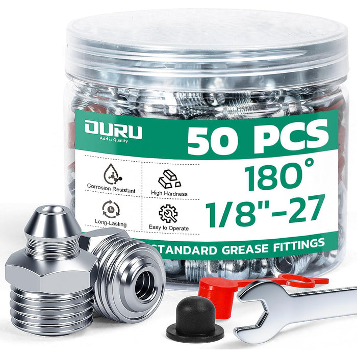 50PCS 1/8"-27 180° zerks with caps and wrench; label shows metric grease fittings sizes to speed selection for repairs.