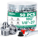 50PCS 1/8"-27 180° zerks with caps and wrench; label shows metric grease fittings sizes to speed selection for repairs.