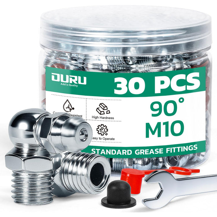 Jar of 30PCS M10 90° stainless grease fittings with wrench and caps; corrosion-resistant nipples for auto lubrication.