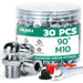 Jar of 30PCS M10 90° stainless grease fittings with wrench and caps; corrosion-resistant nipples for auto lubrication.
