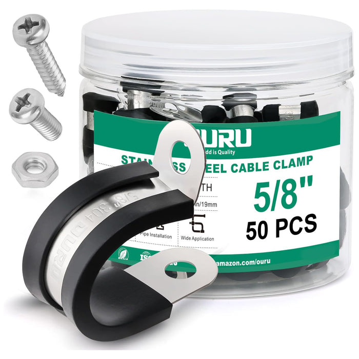 Ouru 5/8 inch adjustable stainless steel cable clamp kit. 50 PCS of u-bolt clamps for wires, hoses, and cables.