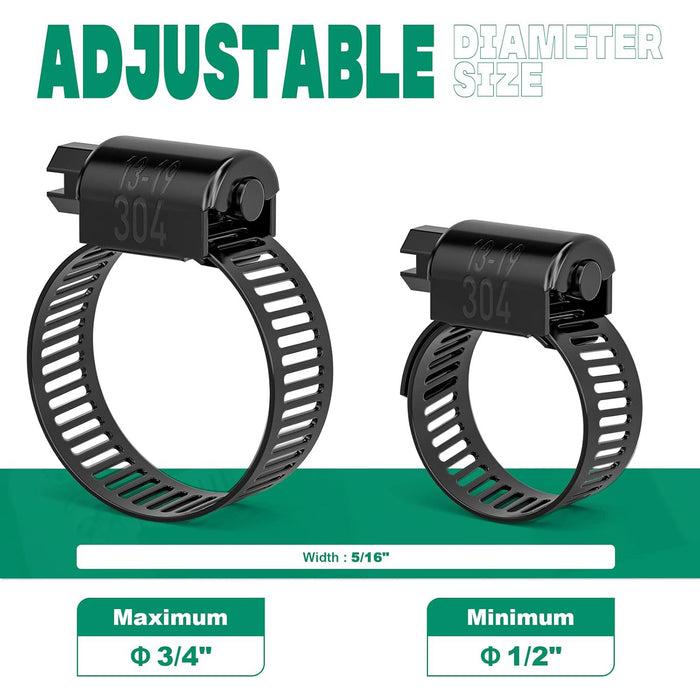 Jar of 1/2–3/4 inch clamps suggests hose clamp nearby; 304 stainless worm gear design for versatile pipe plumbing use.