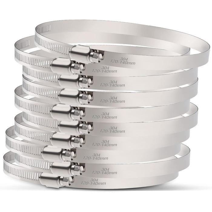 Radiator hose clamps, 304 stainless 120–140mm, smooth inner band protects auto coolant hoses.