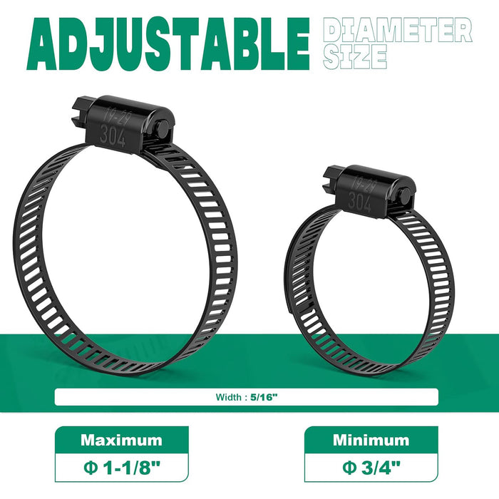 radiator hose clamp types: 5/16 inch width band fits 3/4–1-1/8 inch; black 304 stainless worm gear for engine cooling