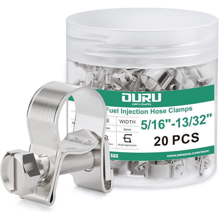 fuel line spring clamp jar, 5/16–13/32 inch; 20 pcs stainless mini clamps for automotive, lawn tools, and small engines