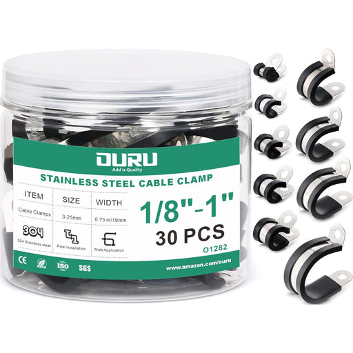 Assorted 1/8–1" wire rope cable clamps, 304 stainless, rubber cushion, 30 pcs.