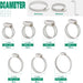 Clamp for dishwasher hose assortment; stainless worm gear clamps in clear organizer with L-shaped driver and size guide.