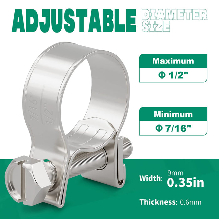 fuel clamps adjustable graphic, 7/16–1/2 inch; 9 mm band width and 0.6 mm thickness for reliable, compact engine lines