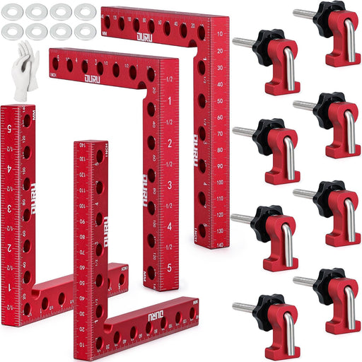 Corner clamps for woodworking set with red L-squares and L-bolts; durable aluminum helps square boxes, frames, cabinets.