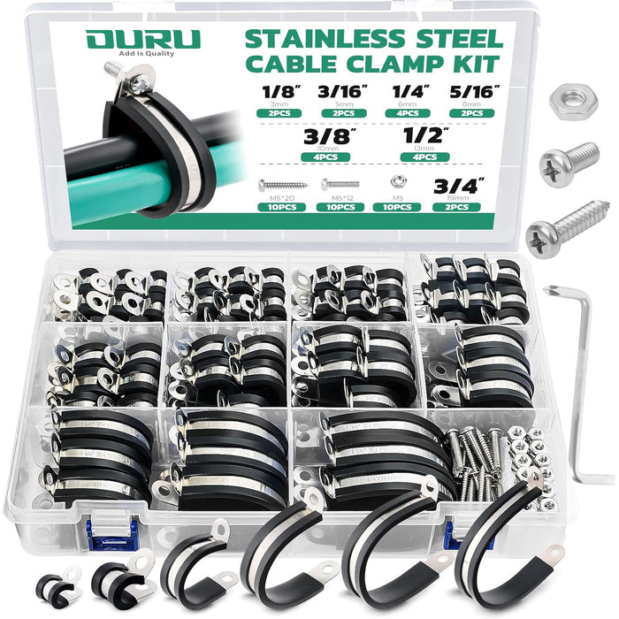 Stainless steel metal wire clamp assortment kit with screws, labeled box of cushioned P-clips for cables and pipes.