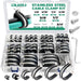 Stainless steel metal wire clamp assortment kit with screws, labeled box of cushioned P-clips for cables and pipes.
