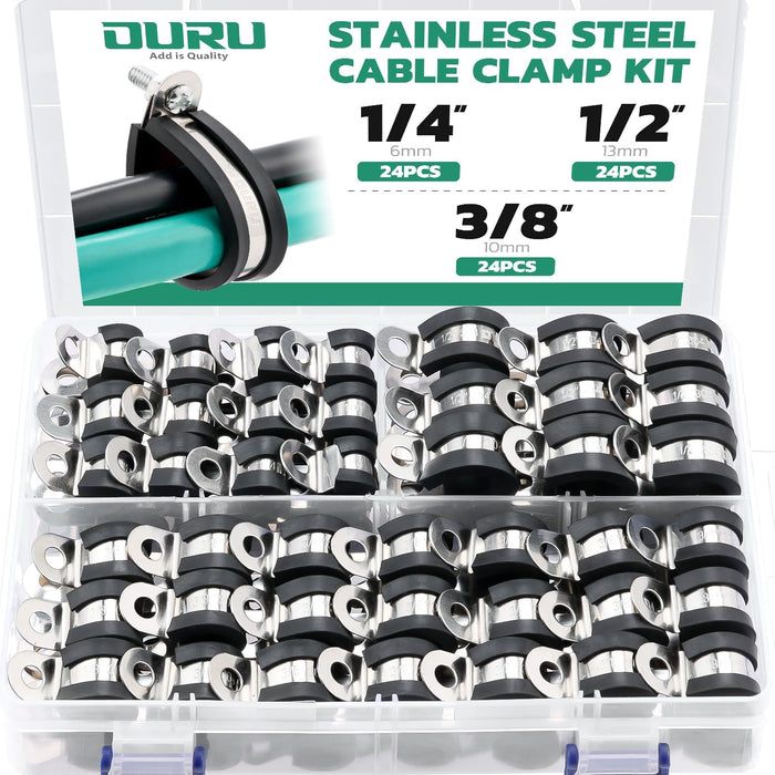 steel rope clamp kit in organizer box, stainless rubber-cushioned P-clamps, sizes 1/4, 3/8, 1/2 inch.