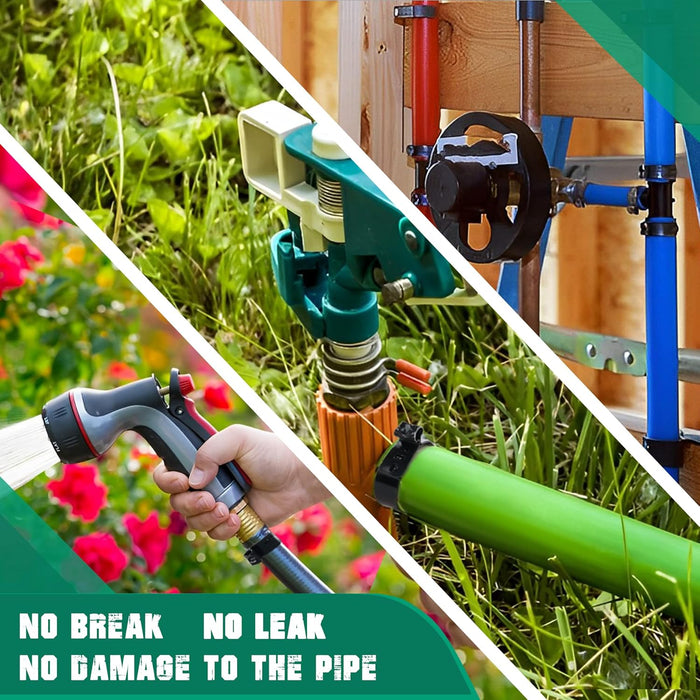 Application scenes highlight stainless steel pex crimp rings preventing leaks on sprinklers, garden hoses, and home plumbing.
