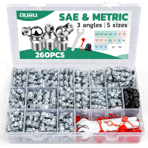 Large 260PCS SAE and metric kit with wrenches, caps, and assorted angles; organized case for fittings grease service.
