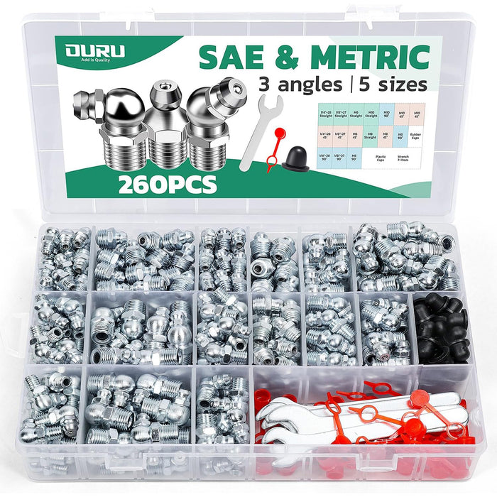 Large 260PCS SAE and metric kit with wrenches, caps, and assorted angles; organized case for fittings grease service.