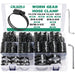 Hose clamp menards assortment case of black worm gear clamps, mixed sizes with L-key and printed size guide on lid.