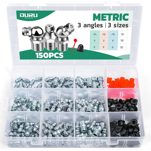 150PCS metric grease zerks organized by three angles and three sizes; clear case includes rubber and plastic dust caps.
