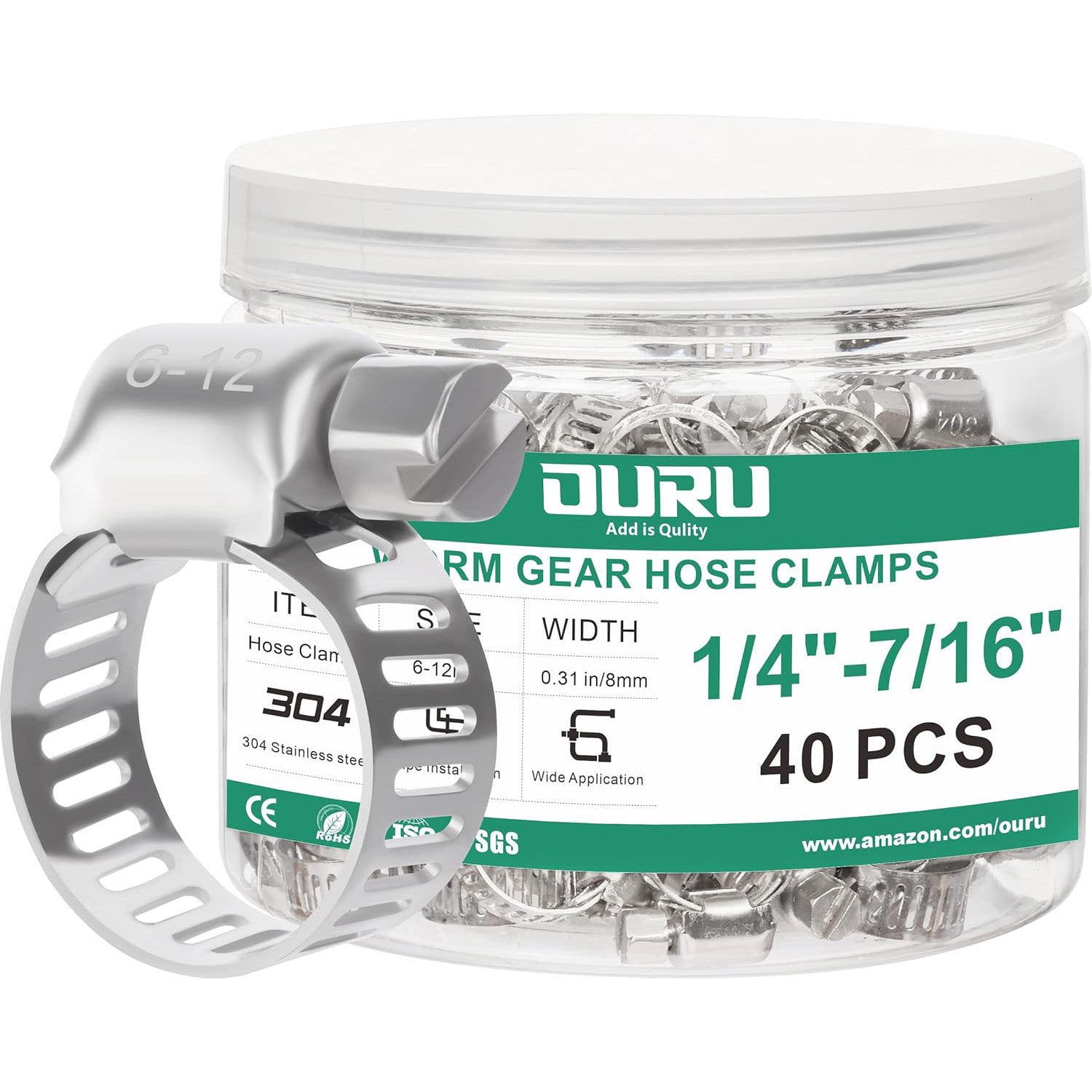40-pack 304 stainless steel worm-drive hose clamps in a clear bottle