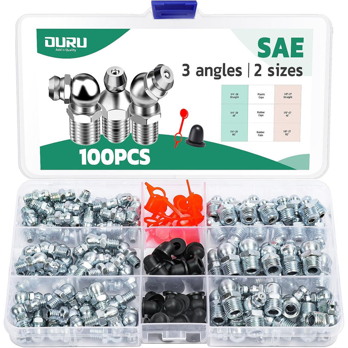 Compact case of 100PCS SAE zerk fitting assortment, three angles in two thread sizes, includes plastic and rubber caps.