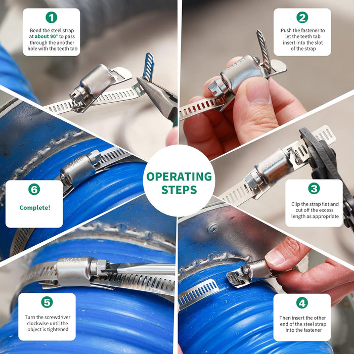 Step-by-step photos: thread fastener, trim excess, insert tail, and tighten; make a custom heavy duty hose clamp in minutes.