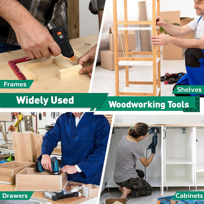 Corner clamp for frames, shelves and cabinets; red aluminum squares guide accurate 90° gluing, drilling and screwing.