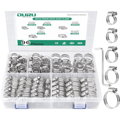Hose clamp 2 inch option highlighted among assorted stainless worm-drive bands, neatly sorted in case with size chart.