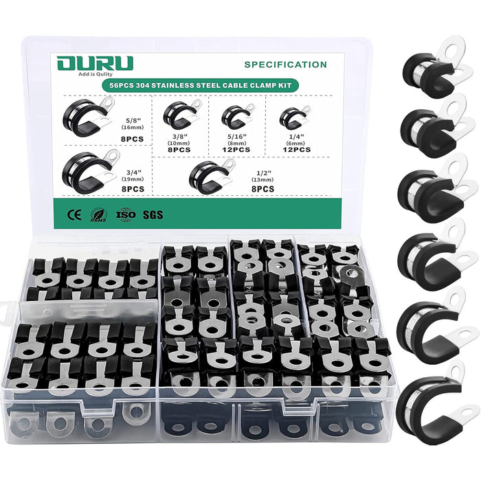 304 stainless rubber-cushioned cable clamps kit, 56pcs assorted sizes in labeled box.