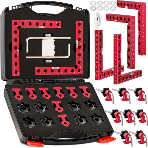 Woodpeckers tools kit in hard case: four 90° squares, knobs, blocks and L-bolts for precise cabinet and box assembly.