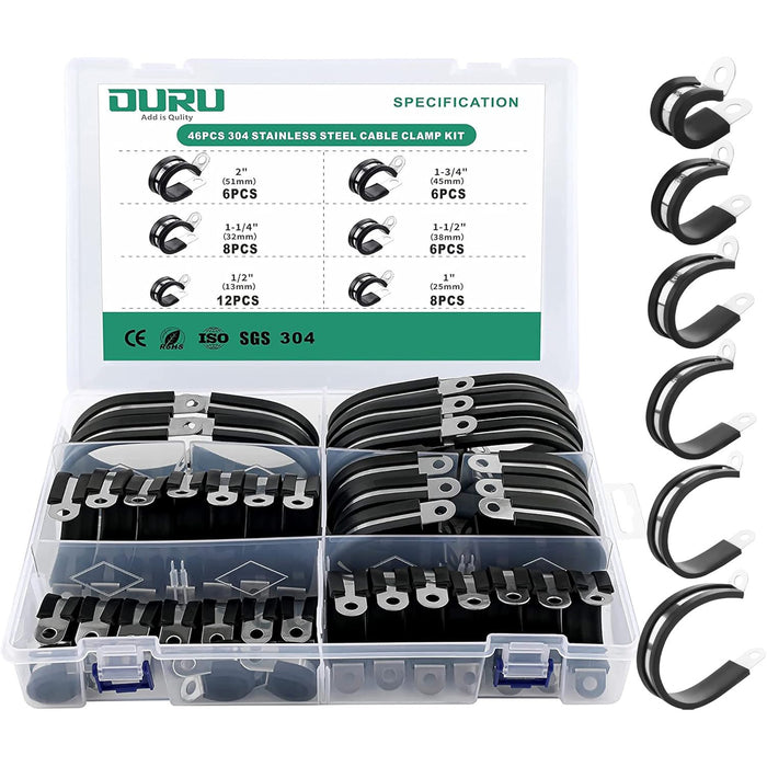 46pcs clamp cable set, 304 stainless with rubber cushion, sorted by size in divided case.