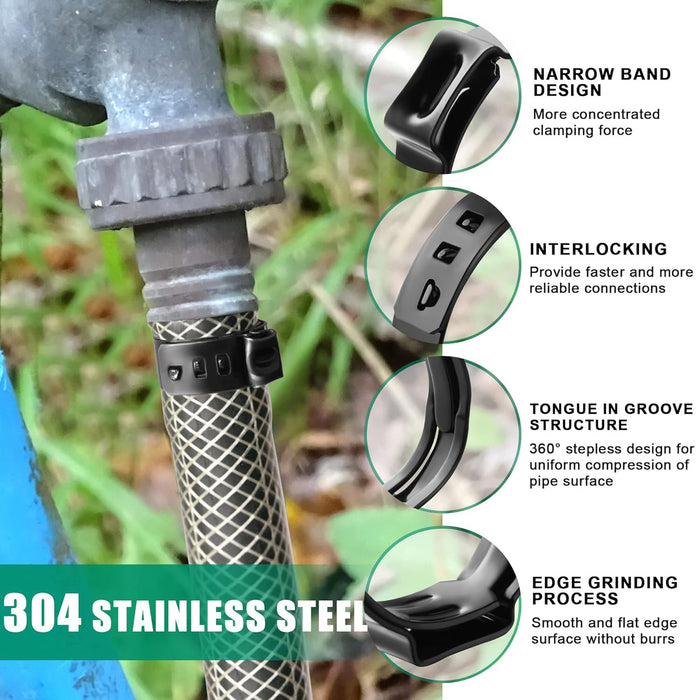 Close-ups explain stainless pex crimp rings: narrow band, interlocking design, tongue-and-groove, smooth edges for uniform sealing.