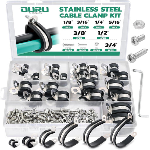 Small metal wire clamps with EPDM cushion and stamped size, rust-proof for electronics or automotive.