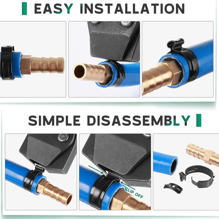 Step shots show pex a crimp rings clamped on a brass barb, then removed; easy install and simple disassembly for PEX hose.