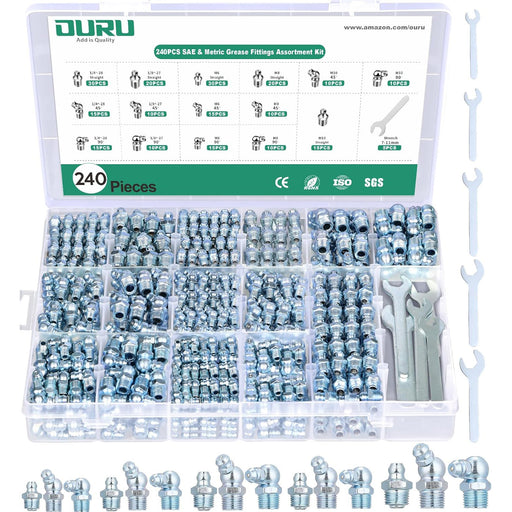 240PCS organizer kit of fittings grease with wrenches; SAE metric straight, 45°, 90° nipples stored in labeled slots.