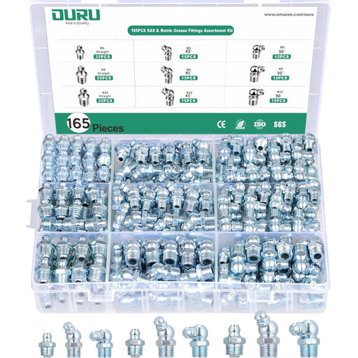 Infographic lists grease fittings sizes across M6, M8, M10 and SAE; labeled images help identify the right piece fast.