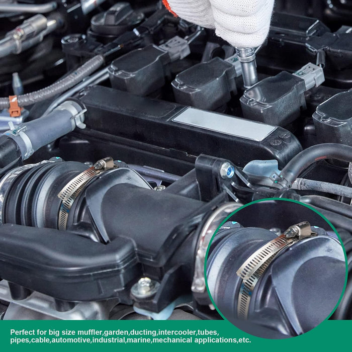 Fan layout of multiple large stainless bands with worm housings, showcasing adjustable automotive hose clamps for big diameters.