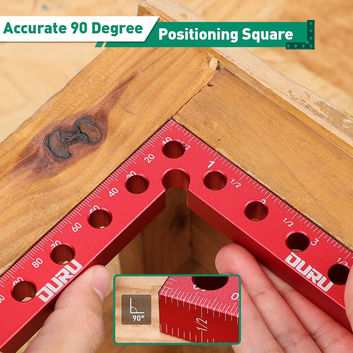 Corner clamp positioning square confirms true 90°; anodized aluminum L-bracket steadies workpieces for reliable joinery.