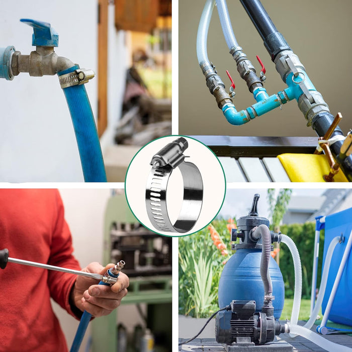 Multi-scene use of a coolant hose clamp on plumbing, air lines, and pool systems; stainless worm-drive band delivers a strong, lasting seal.