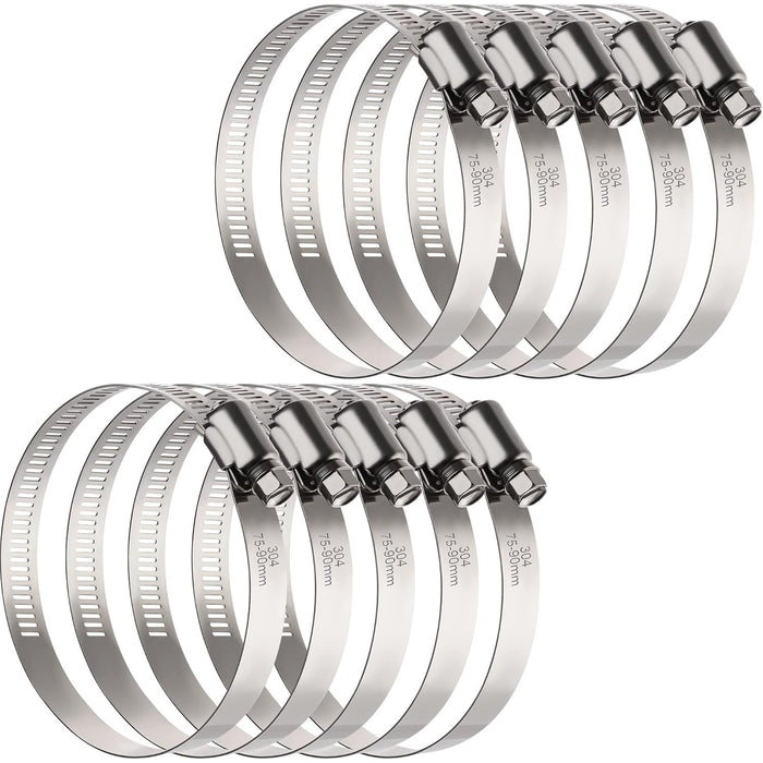 Assorted stainless hose clamps set, heavy-duty worm drive bands for securing ducts, pipes, and hoses.