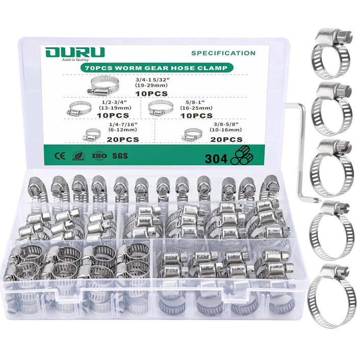 70-piece wire hose clamp set in a case; 304 stainless bands with L-wrench, adjustable diameters for plumbing, auto.