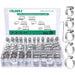 70-piece wire hose clamp set in a case; 304 stainless bands with L-wrench, adjustable diameters for plumbing, auto.