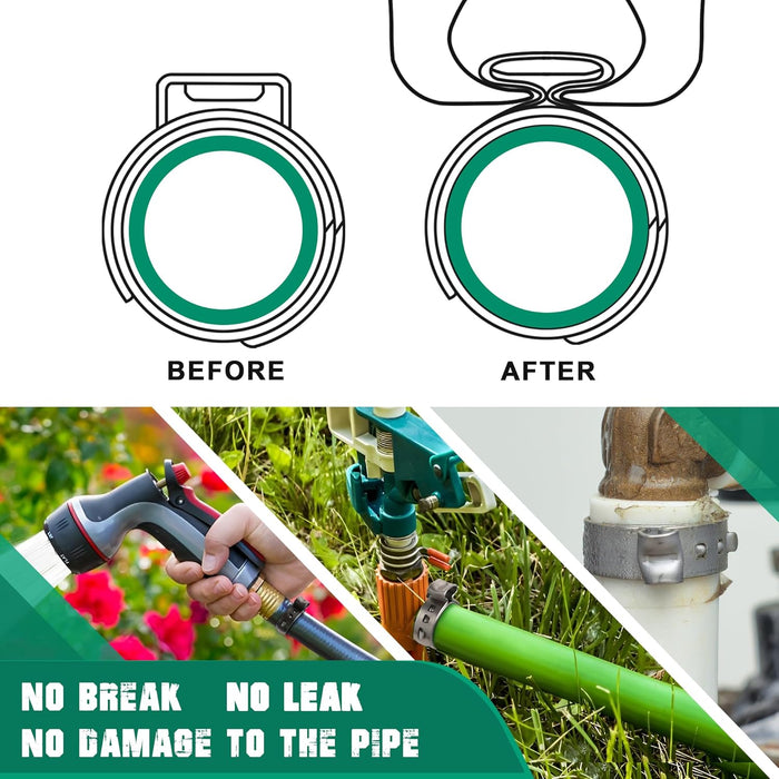 Before and after diagram proves pex a crimp rings seal without breaks or leaks; ideal for garden, irrigation, and home pipes.