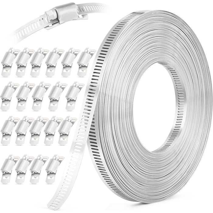 DIY kit image with long perforated band and many fasteners for cutting custom sizes to clamp hose stainless steel securely.