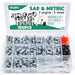 150PCS SAE and metric grease fitting kit in box; includes wrenches, rubber and plastic caps, angles and sizes listed.