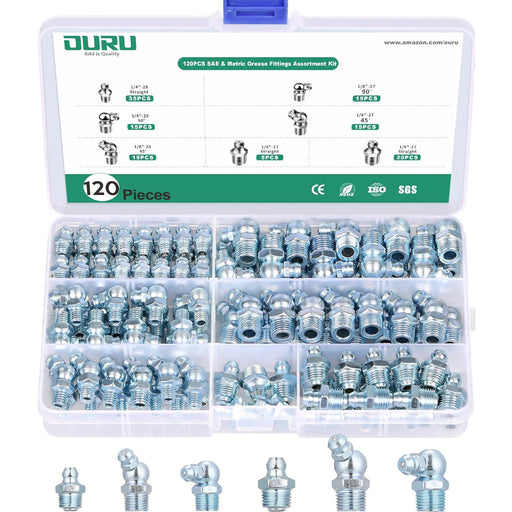 Clear-lidded case showing grease gun and fittings set; 120 pieces sorted by angle and thread for shop and farm tasks.