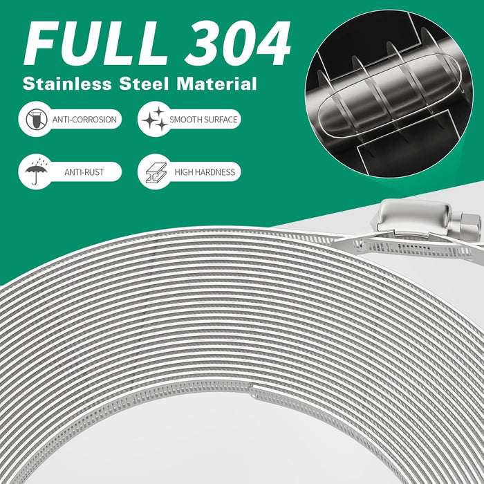 Dryer vent hose clamp detail: full 304 stainless band with perforations, anti-rust build for HVAC duct and laundry exhaust tubes.
