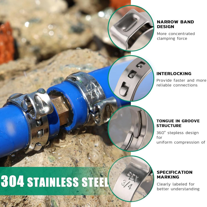 Feature callouts of 304 stainless steel pex crimp rings: interlocking ear, tongue-in-groove, narrow band for uniform compression.